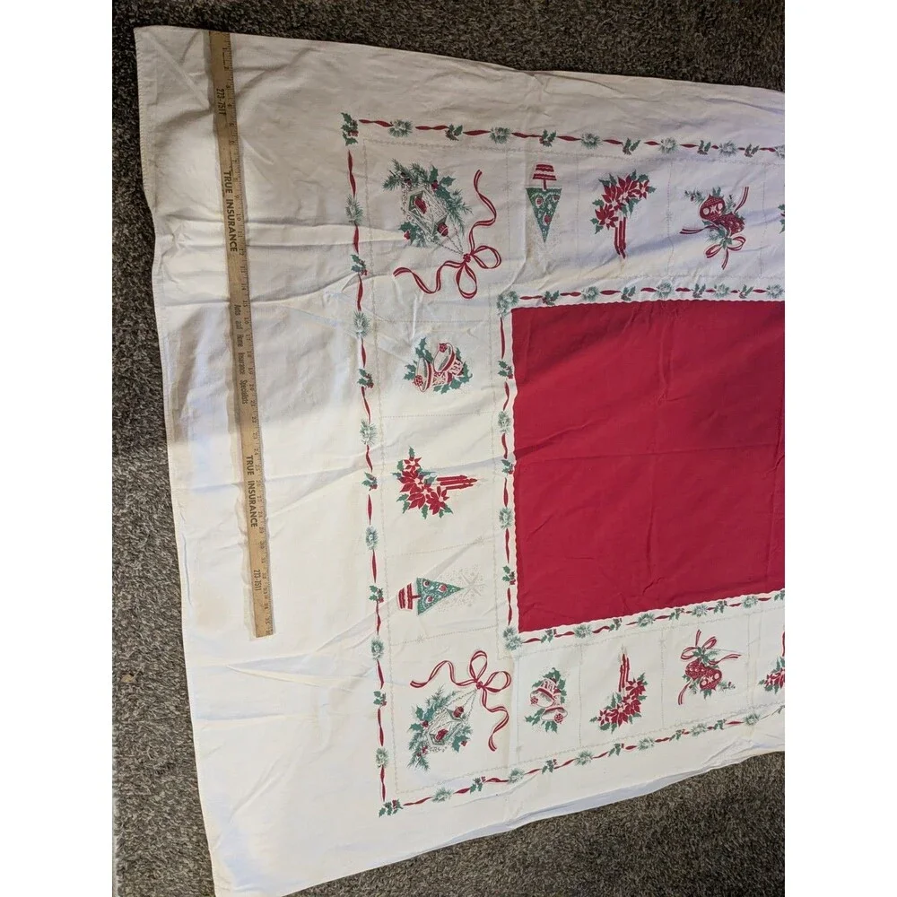 Vintage 50s Rectangle Christmas Tablecloth MCM Cotton Bells Trees  Candles *Flaw